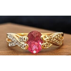 14K Gold Natural Pink Tourmaline & Diamond Criss Cross Band Ring Size 9.5